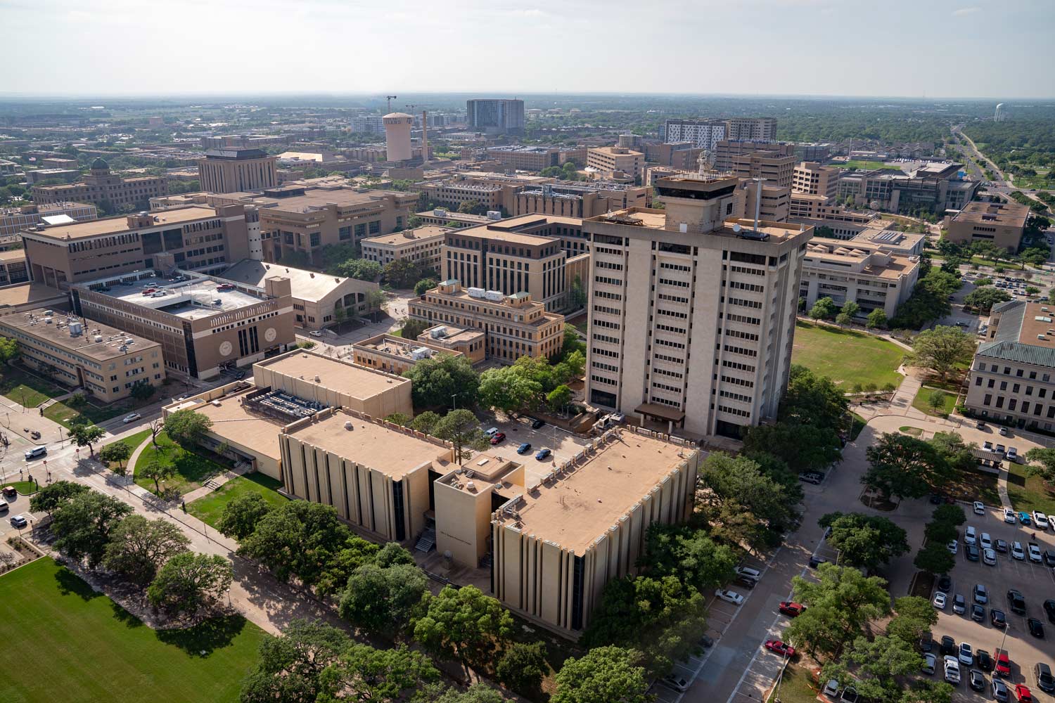 Aerial view of the Texas A&M Campus with focus on the Oceanography building